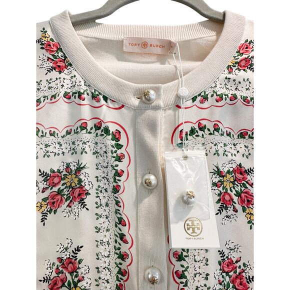 Tory Burch Cream Silk Garden Veil Printed Cardigan Medium - Picture 5 of 11